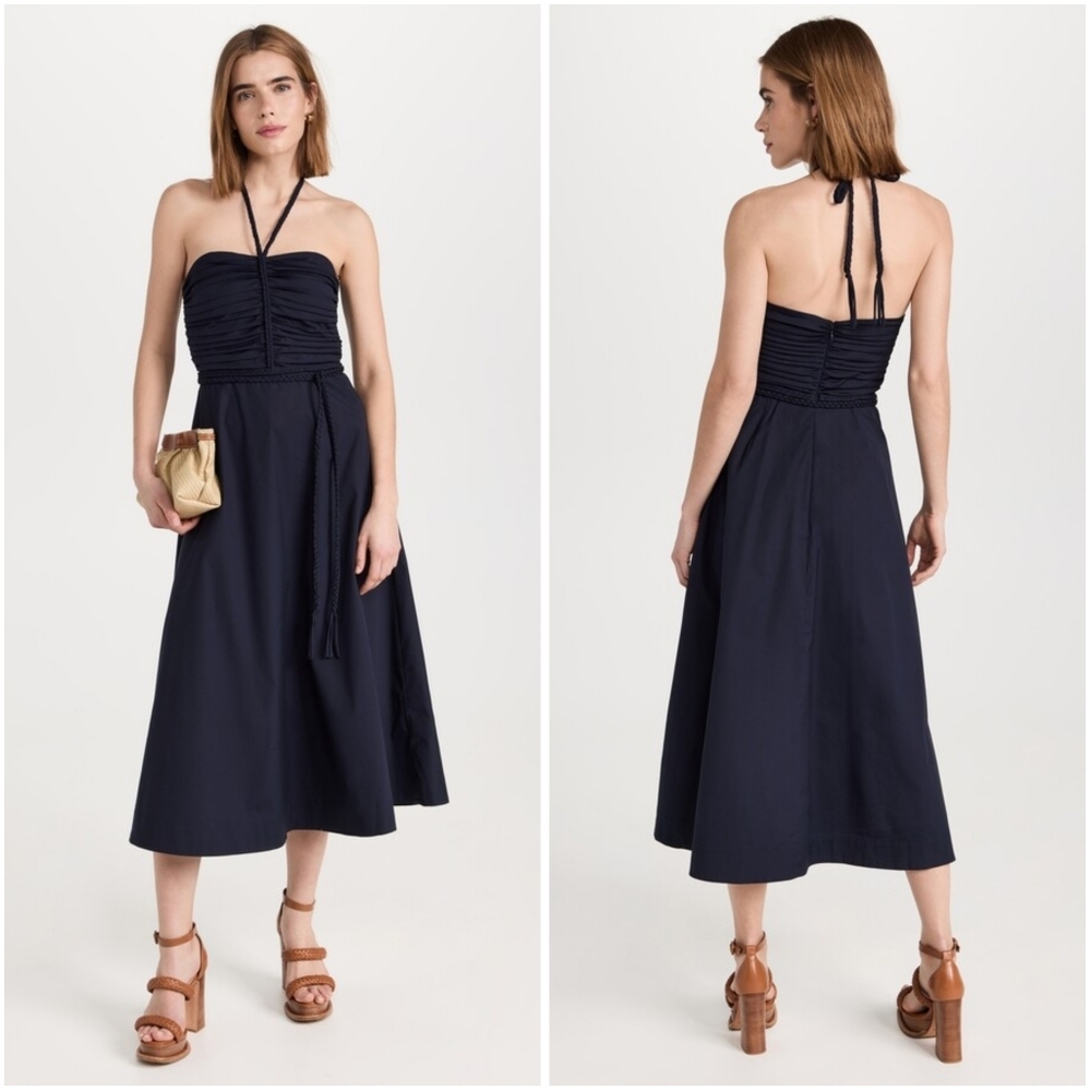 Veronica Beard Tucker Ruched Halter Midi Dress 0 Navy Blue New